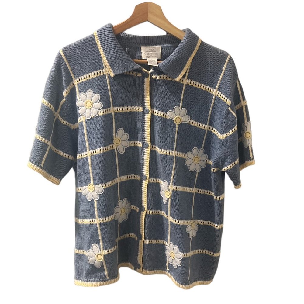 fun Vintage baby blue floral button up embroidered polo
